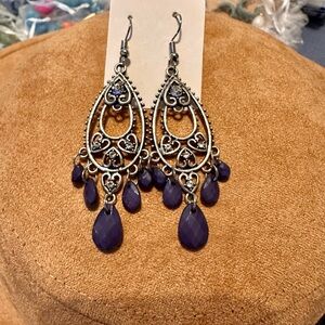 Ornate Silver-Tone Teardrop Earrings with Navy Gem Drops